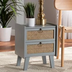 Best deal 🥰 Baxton Studio Waller Mid-Century Modern Natural Rattan And Grey Finished Wood 2-Drawer End Table 🥰