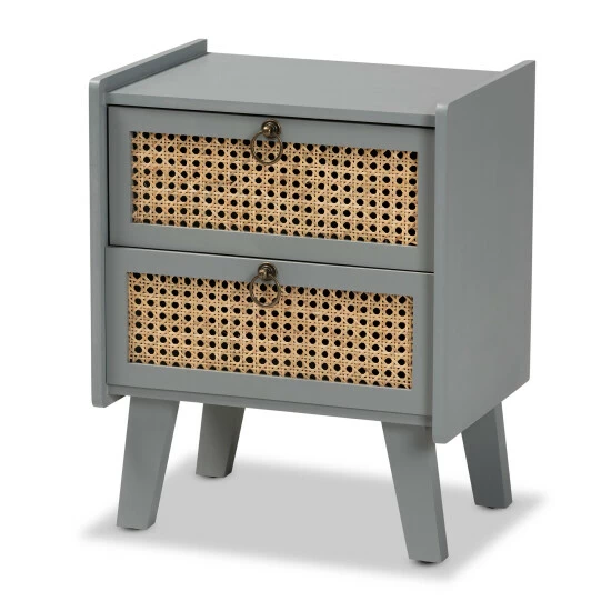 Best deal 🥰 Baxton Studio Waller Mid-Century Modern Natural Rattan And Grey Finished Wood 2-Drawer End Table 🥰 - Image 2