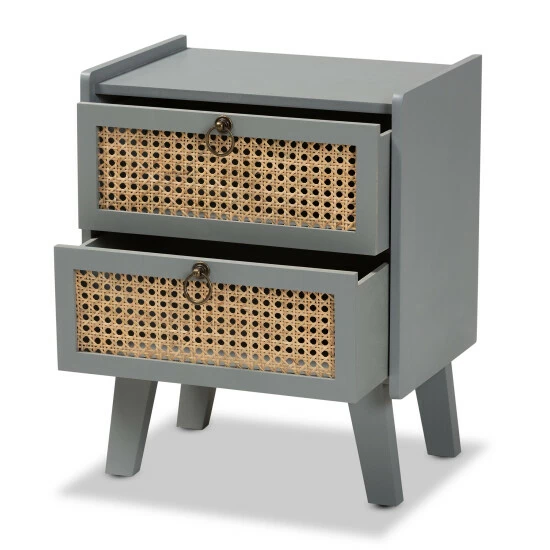 Best deal 🥰 Baxton Studio Waller Mid-Century Modern Natural Rattan And Grey Finished Wood 2-Drawer End Table 🥰 - Image 3