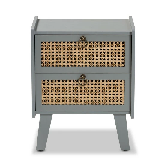 Best deal 🥰 Baxton Studio Waller Mid-Century Modern Natural Rattan And Grey Finished Wood 2-Drawer End Table 🥰 - Image 4
