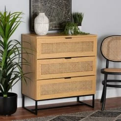 Top 10 ✨ Baxton Studio Sawyer Mid-Century Modern Industrial Oak Brown Finished Wood And Black Metal 3-Drawer Storage Cabinet With Natural Rattan 👏
