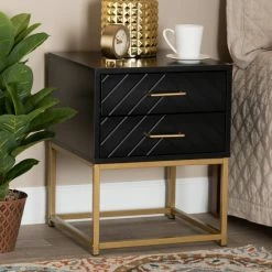 Best Pirce 🔥 Baxton Studio Inaya Contemporary Glam And Luxe Black Finished Wood And Gold Metal 2-Drawer End Table 🔔
