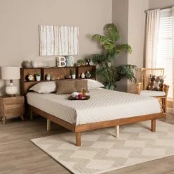 Budget 😉 Baxton Studio Lochlan Mid-Century Modern Walnut Brown Finished Wood Platform Bed With Charging Station 😀