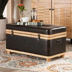 Best Pirce 🔥 Baxton Studio Gendry Modern Rustic Faux Leather And Wood Storage Ottoman Large 🔥