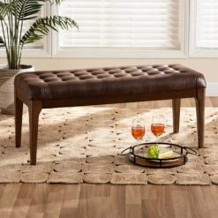 Best Pirce 😍 Baxton Studio Walsh Mid-Century Modern Leather-Effect Polyester Upholstered Wood Dining Bench 💯
