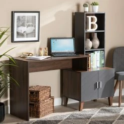 New 👏 Baxton Studio Jaeger Two-Tone Brown And Dark Grey Wood Storage Desk With Shelves 🔔