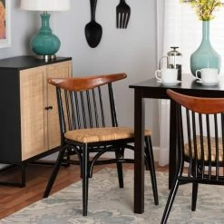 Best reviews of ❤️ Baxton Studio Parthenia Mid-Century Modern Two-Tone Black And Walnut Brown Finished Mahogany Wood And Natural Rattan Dining Chair 🧨