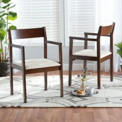 Buy 🌟 Baxton Studio Helene Mid-Century Modern Cream Fabric And Dark Brown Finished Wood 2-Piece Dining Chair Set ❤️
