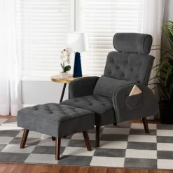 Flash Sale 🛒 Baxton Studio Haldis Modern Velvet Upholstered Wood Lounge Chair And Ottoman Set Grey, Walnut Brown 👏