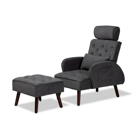Flash Sale ๐ Baxton Studio Haldis Modern Velvet Upholstered Wood Lounge Chair And Ottoman Set Grey, Walnut Brown ๐ - Image 2