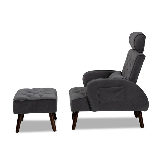 Flash Sale ๐ Baxton Studio Haldis Modern Velvet Upholstered Wood Lounge Chair And Ottoman Set Grey, Walnut Brown ๐ - Image 6