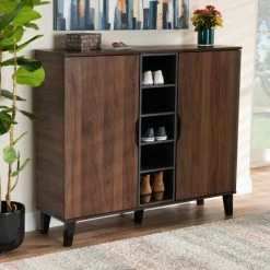 Promo 😉 Baxton Studio Idina Mid-Century Modern Two-Tone 2-Door 👟 Shoe Cabinet Espresso 🥰