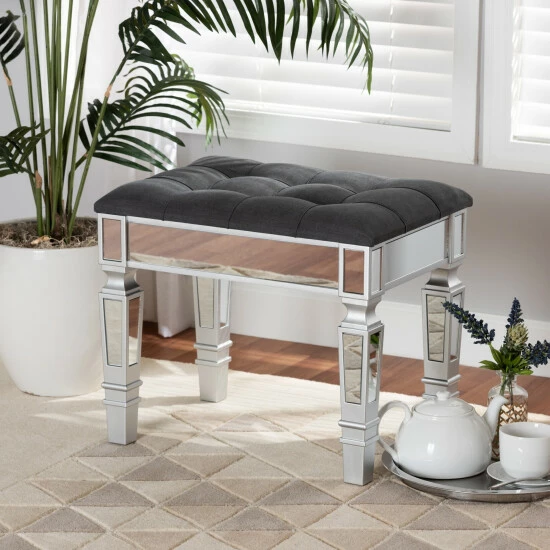 Coupon ๐ Baxton Studio Hedia Glam And Luxe Upholstered Wood Ottoman With Buscuit Tufting Grey, Silver ๐ - Image 6