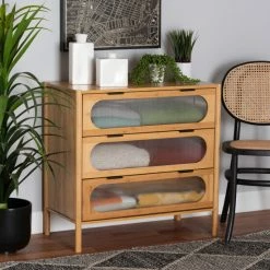 Best Sale 🎁 Baxton Studio Naresh Mid-Century Modern Transitional Natural Brown Bamboo Wood 3-Drawer Storage Cabinet 🎁