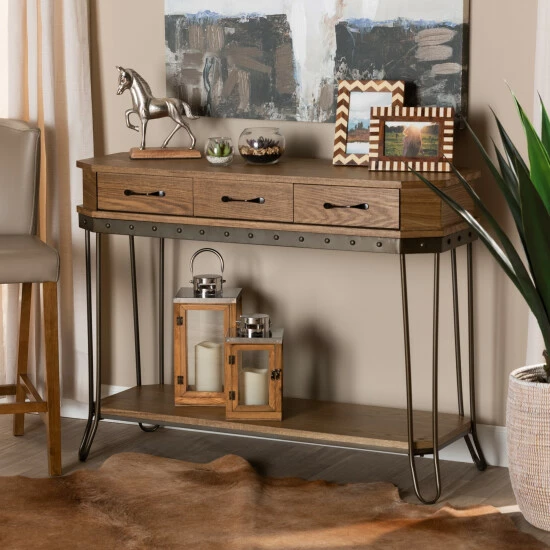 Best Pirce ๐ฅฐ Baxton Studio Kellyn Oak Brown Wood And Black Metal 3-Drawer Console Table ๐