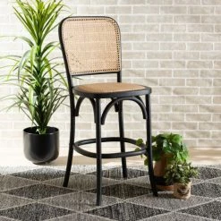 Discount 💯 Baxton Studio Vance Mid-Century Modern Woven Rattan And Wood Counter Stool Beige, Black 🔥