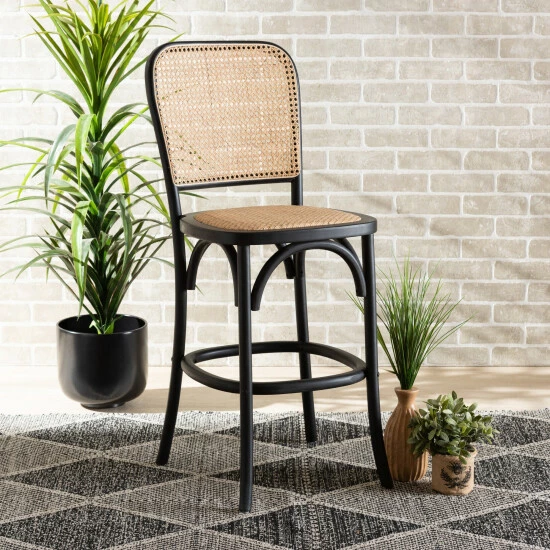 Discount ๐ฏ Baxton Studio Vance Mid-Century Modern Woven Rattan And Wood Counter Stool Beige, Black ๐ฅ - Image 8