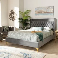 Best Pirce ✨ Baxton Studio Contemporary Velvet Upholstered Tufted Glam Platform Bed Grey 🛒