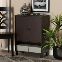 Hot Sale ✨ Baxton Studio Rossin Modern 2-Door Entryway 👟 Shoe Storage Cabinet With Bottom Shelf Oak 🥰