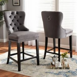 Wholesale 🔔 Baxton Studio Howell Modern Transitional Velvet And Dark Wood 2-PC Counter Stool Set Navy Blue ⌛