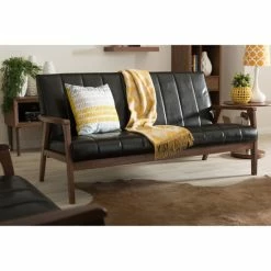 New โ๏ธ Baxton Studio Nikko Mid-century Modern Scandinavian Style Black Faux Leather Wooden 3-Seater Sofa ๐