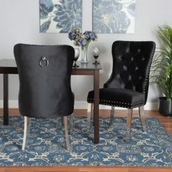 Promo 🔔 Baxton Studio Honora Contemporary Glam And Luxe Velvet Fabric And Silver Metal 2-Piece Dining Chair Set Navy Blue, Silver 🛒