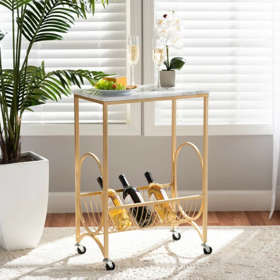 Budget ๐ Baxton Studio Jacek Modern And Contemporary Gold Metal Wine Cart With Marble Top ๐ - Image 7