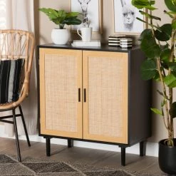 Deals 🎁 Baxton Studio Maureen Mid-Century Modern Espresso Brown Wood And Rattan 2-Door Storage Cabinet 🔔