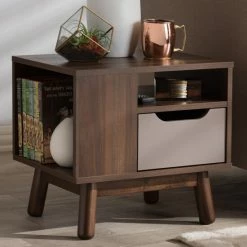 Budget ❤️ Mid-Century Brown And Grey 1-Drawer Nightstand By Baxton Studio 😀