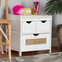Best Pirce 👍 Baxton Studio Bastian Modern And Contemporary Light Beige Fabric And White Finished Wood 3-Drawer Storage Bench With Natural Rattan 🧨