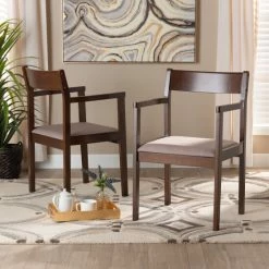 Buy ⭐ Baxton Studio Helene Mid-Century Modern Warm Grey Fabric And Dark Brown Finished Wood 2-Piece Dining Chair Set 🤩