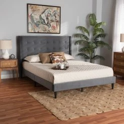 Cheap 🧨 Baxton Studio Gothard Modern And Contemporary Velvet Fabric Upholstered And Dark Brown Finished Wood Platform Bed Navy Blue, Dark Brown ✨