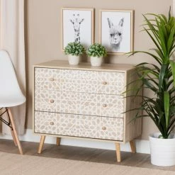 Best deal 🔔 Baxton Studio Beau Mid-Century Modern Transitional Two-Tone White And Oak Brown Finished Wood 3-Drawer Storage Cabinet ⌛