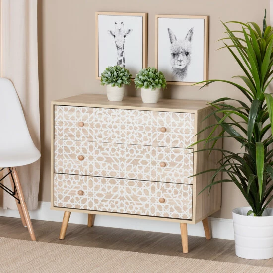 Best deal ๐ Baxton Studio Beau Mid-Century Modern Transitional Two-Tone White And Oak Brown Finished Wood 3-Drawer Storage Cabinet โ