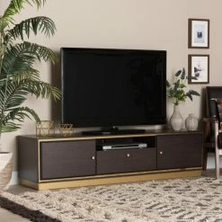 Best Sale ❤️ Baxton Studio Cormac Transitional Wood/ Metal 2-Door TV Stand-Walnut/ Dark Brown Dark Brown, Gold ✨