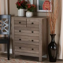 Best Sale ✔️ Baxton Studio Derek Transitional Natural Oak Finished Wood 5-Drawer Chest 👍