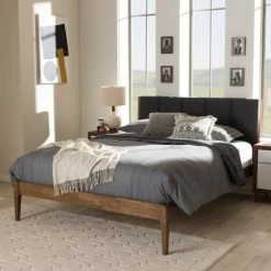 Cheap 🌟 Mid-century Upholstered Headboard Wood Platform Bed By Baxton Studio Grey 🥰