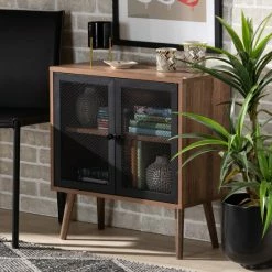 Hot Sale 😀 Baxton Studio Yuna Transitional Styled Storage Wood Cabinet With Metal Mesh Doors 🎁