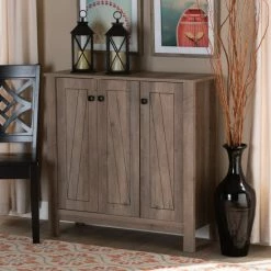 Best Sale 🔔 Baxton Studio Derek Transitional Natural Oak Finished Wood 3-Door 👟 Shoe Cabinet 🎉