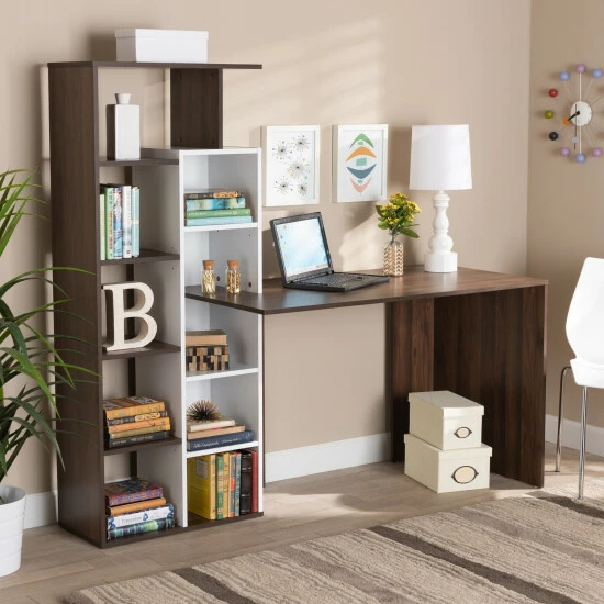 Best deal ❤️ Baxton Studio Rowan White And Walnut Wood Storage Computer Desk With Shelves ❤️