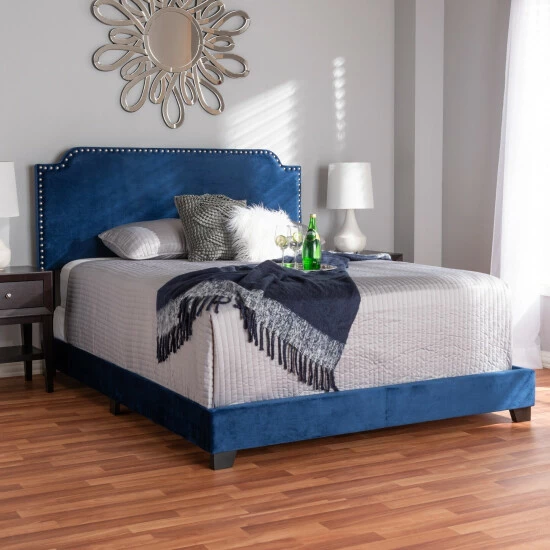 Discount 🛒 Contemporary Glam Velvet Upholstered Panel Bed By Baxton Studio Blue 🤩 - Image 2