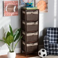Deals 🧨 Baxton Studio Bosley French Inspired Wood 4-Willow Basket Storage Unit-Walnut Brown 👍