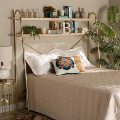 Wholesale 🎁 Baxton Studio Merida Gold Metal And Brown Wood 2-Tier Over Bed Queen Size Shelf 🔥
