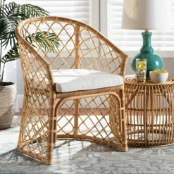 Budget โจ Baxton Studio Orchard Bohemian Upholstered Rattan Dining Chair-White/Natural Brown โญ