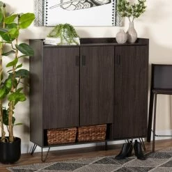 Flash Sale 😀 Baxton Studio Baldor Modern Dark Brown Finished Wood 3-Door 👟 Shoe Cabinet ⌛