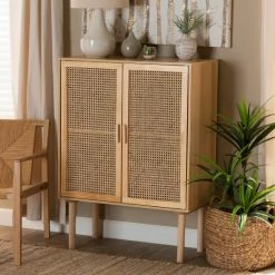 Promo 😀 Baxton Studio Maclean Mid-Century 2-Door Wood Storage Cabinet W/Rattan-Natural Brown ⭐