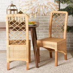 Hot Sale ๐ Baxton Studio Moscow Bohemian Natural Rattan/ Mahogany Wood Dining Chair Set(2PC) โจ