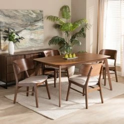 Coupon 😉 Baxton Studio Alston Mid-Century Modern Fabric And Wood Dining Set (5pcs) Beige ⭐