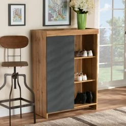 Best Pirce 🎉 Baxton Studio Caspian Two-Tone Grey And Oak Brown Finished Wood 👟 Shoe Cabinet ⌛