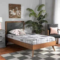Flash Sale 😀 Baxton Studio Laima Mid-Century Modern Twin Size Wood Platform Bed Light Grey 🤩